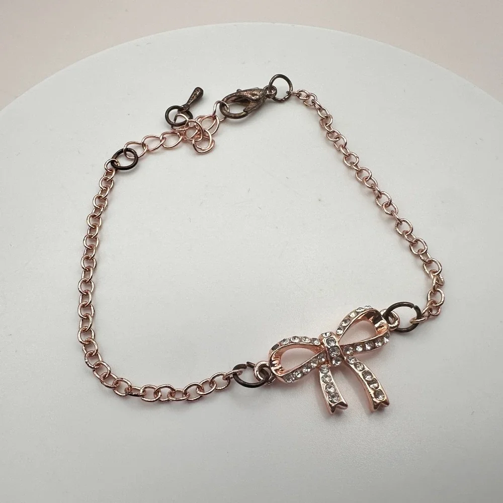 Vintage‎ 90s Rose Gold Tone Bow Rhinestone Bracelet Women's Classic Jewelry